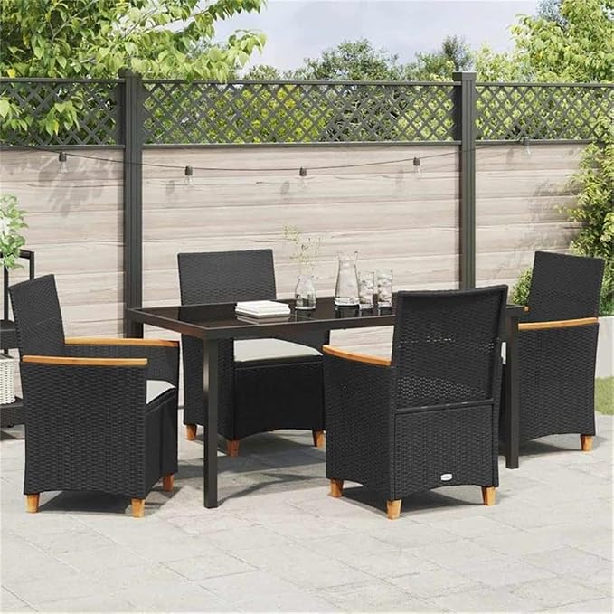 Afuera Living 5-Piece Poly Rattan Patio Dining Set, Black Finish, Weather-Resistant Steel Frame, Glass Tabletop, Wood Accents, Seating for 4, Modern Outdoor Furniture for Garden, Patio, Terrace