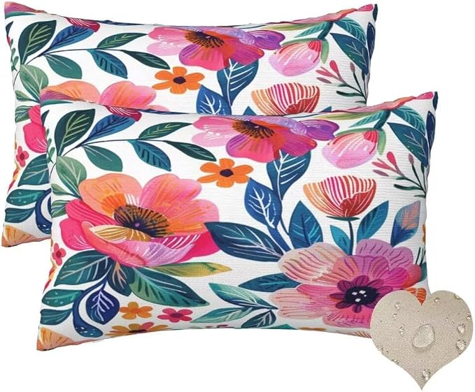 Outdoor Pillows Waterproof Set of 2 Outdoor Pillow Covers 16x24 Inch, Pink Throw Pillows Flower Pillow Covers, Summer Garden Decorative Pillows Outdoor Pillows for Patio Furniture Car Home Decor-hs250