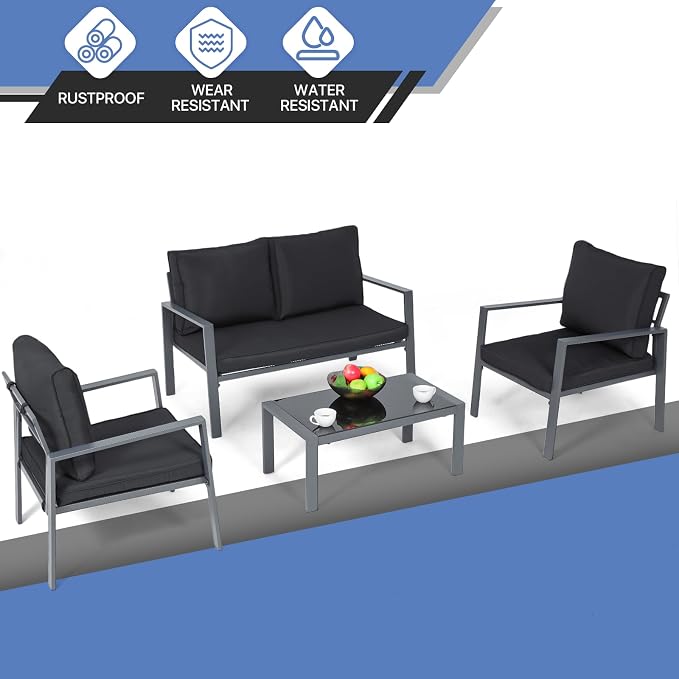 4-Piece Outdoor Patio Furniture Set, Steel Frame Patio Conversation Set with Tempered Glass Side Table for Home, Yard, Poolside