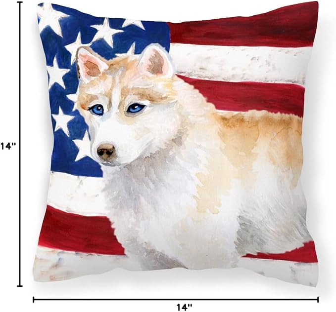 Caroline's Treasures BB9655PW1414 Siberian Husky Patriotic Fabric Decorative Pillow Machine Washable, Indoor Outdoor Decorative Pillow for Couch, Bed or Patio, 14Hx14W