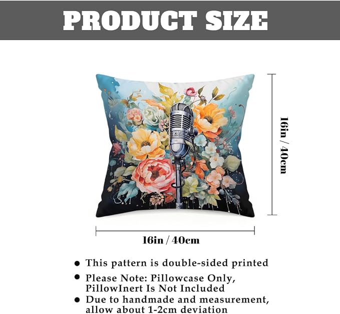 16x16 Inch Outdoor Pillow Covers Set of 2 Waterproof Throw Pillow Covers Decorative Couch Cushion Covers Microphone Floral Square Pillowcases Protectors for Patio Garden Sofa