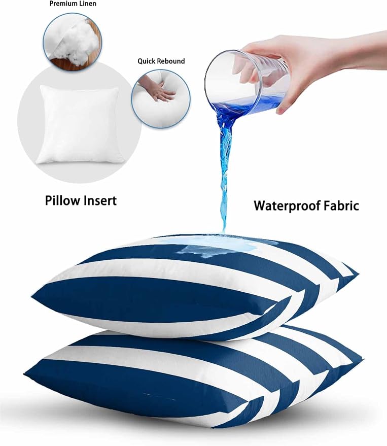 Waterproof Outdoor Pillow Set of 2 Navy Blue White Stripe Decorative Throw Pillows Cover & Insert 18x18 Inch Pillowcase Simple Style Striped Pillows for Couch Sofa Bed Patio Furniture Indoor Outdoor