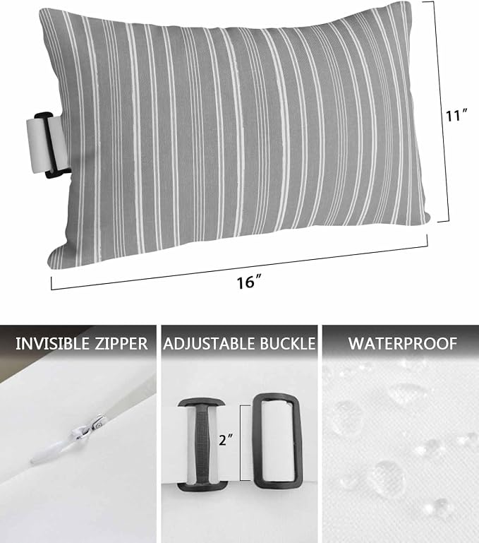 Pack of 4 Outdoor Lumbar Pillow Covers 11x16 Inch, Light Grey Striped Waterproof Throw Pillow Covers Set, Farmhouse Stripes Modern Vintage Indoor&Outdoor Decorative Cushion Cases for Patio Porch Car