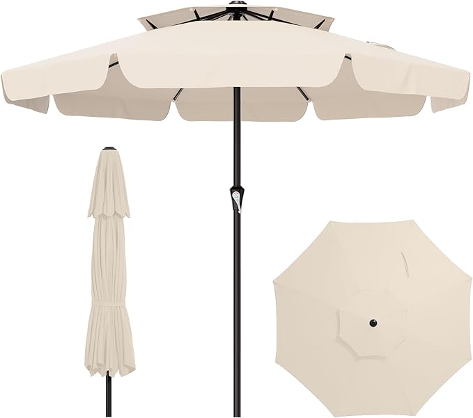 AreShark 12ft 2-Tier Patio Umbrella with Valance - Outdoor Umbrella Waterproof UV Protection, Market Table Umbrella w/ 8 Sturdy Ribs&Crank for Pool, Backyard, Garden(Ivory)