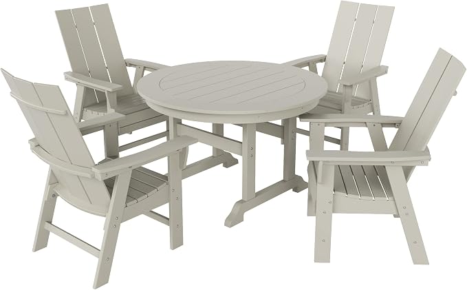 WestinTrends Ashore 5 Pieces Adirondack Outdoor Dining Set, All Weather Poly Lumber Slatted Modern Farmhouse Patio Furniture Set, 47" Trestle Round Table and 4 Adirondack Dining Chair, Sand