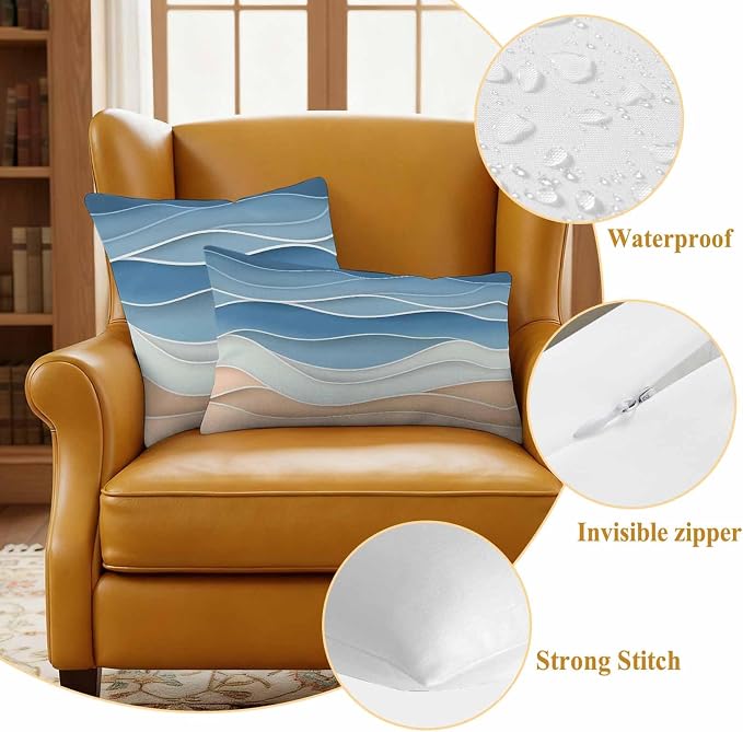 Blue Waterproof Outdoor Pillow Covers Set of 2 Home Decor, Ocean Wave Stripes Modern Abstract Beach Geometric Pillowcase Patio Pillow Covers for Couch Bench Furniture Garden 20x20in