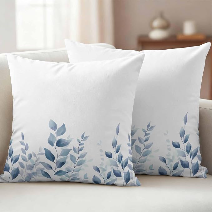 Blue Botanical Outdoor Waterproof Throw Pillow Covers 24x24 Set of 2, Pastoral Leaf Watercolor Decorative Pillowcases Cushion Pillowcase for Couch Sofa Patio Outside Pillow Protector