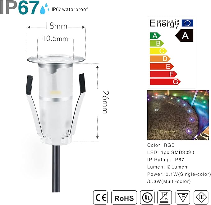 LED Deck Lights Multi-Color RGB Waterproof Recessed Wood Decking 0.7" Tiny Deck Driveway Light Dock Path Step Road Light Outdoor and Indoor Decoration Security Lighting (RGB, 20pcs)