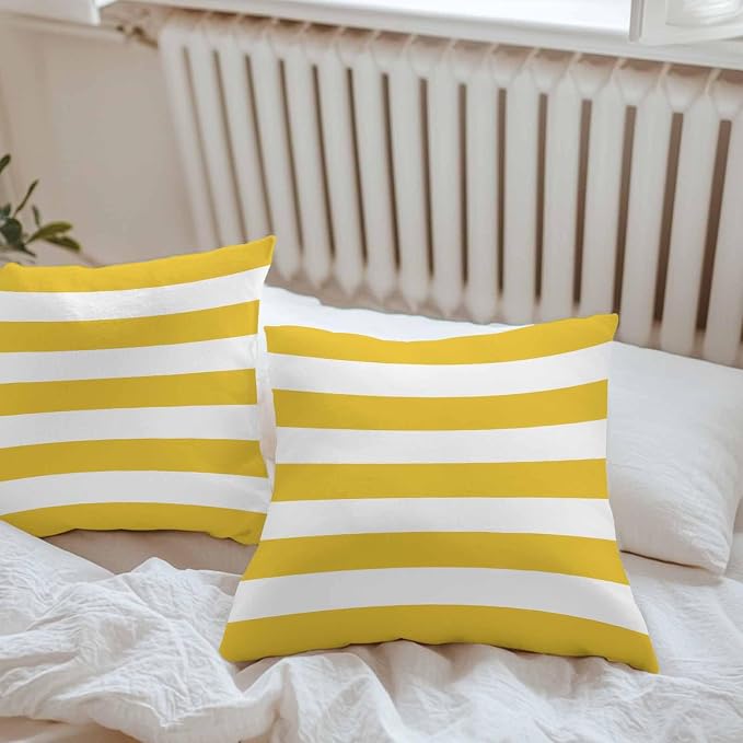 Outdoor Waterproof Throw Pillow Covers Set of 2 Yellow White Stripe Pillowcases 24x24 Inches Simple Style Striped Decorative Pillows Cushion Case Patio Pillows for Couch Bed Chair Garden
