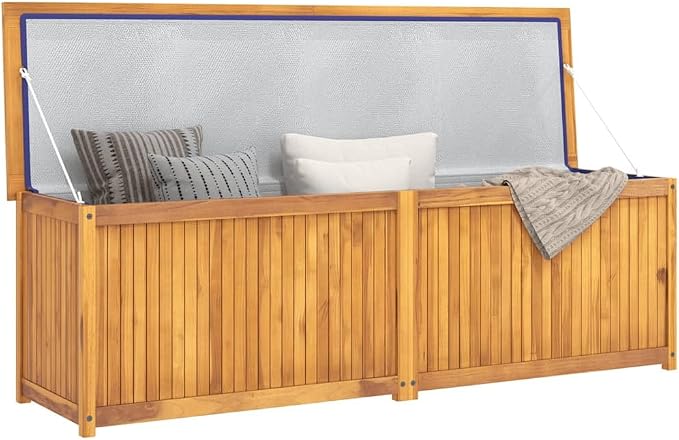 Large Outdoor Patio Storage Box 68.9x19.7x21.7 Inch Solid Teak Wood Garden Chest with Easy Open Lid, Weather Resistant Organizer for Cushions, Tools, Accessories in Yard, Deck, Garage