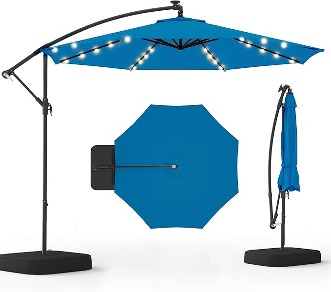 EROMMY 10FT 40-LED Solar Lighted Patio Umbrella with Base Included, Outdoor Offset Cantilever Umbrella, Infinite Tilt, Crank and Cross Base, UV Protection for Backyard, Lawn, Garden & Pool