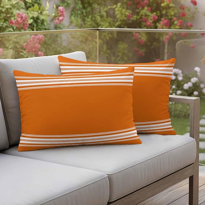 Outdoor Pillow Covers 12x20 Set of 2 Fall Orange Stripes Outdoor Pillows Waterproof Throw Pillow Covers French Stripe Farmhouse Style Pillowcases Decorative Case for Patio Cushion
