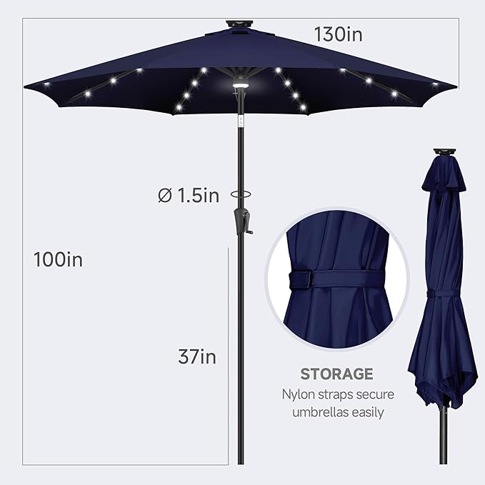 FLAME&SHADE 11 FT Solar Light Patio Umbrella, 40 LED lights outdoor umbrella with Centre Surround Light, Table Market Umbrella for Deck, Pool, Porch, Backyard, Garden, UV Protection, Navy Blue