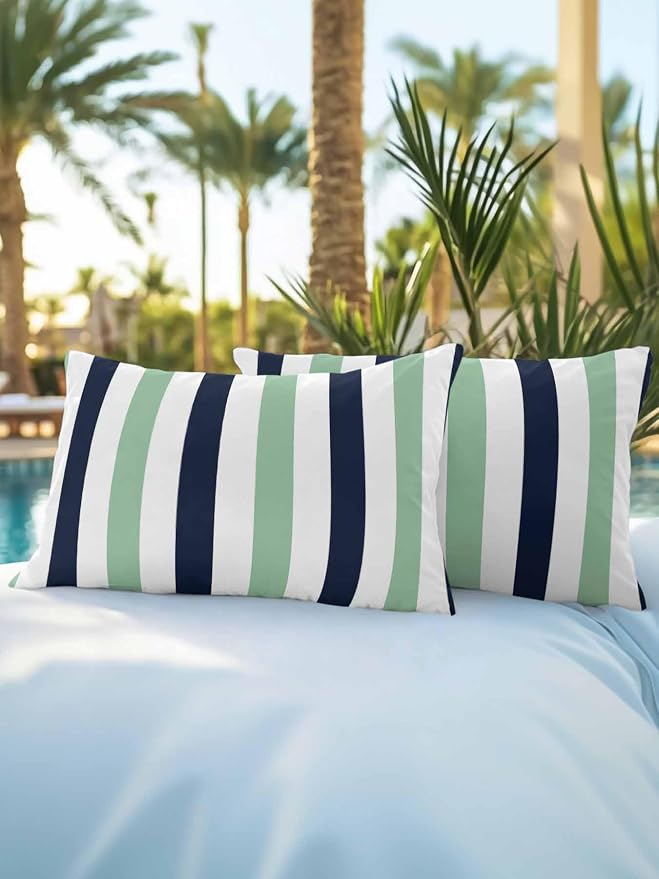 Outdoor Pillows Waterproof, Light Green Navy Blue Striped Bedding Throw Pillows with Insert for Couch Sofa Bed, Farmhouse Stripe Art 12x20 Inch Pillowcases Camping Patio Pillow Set of 2