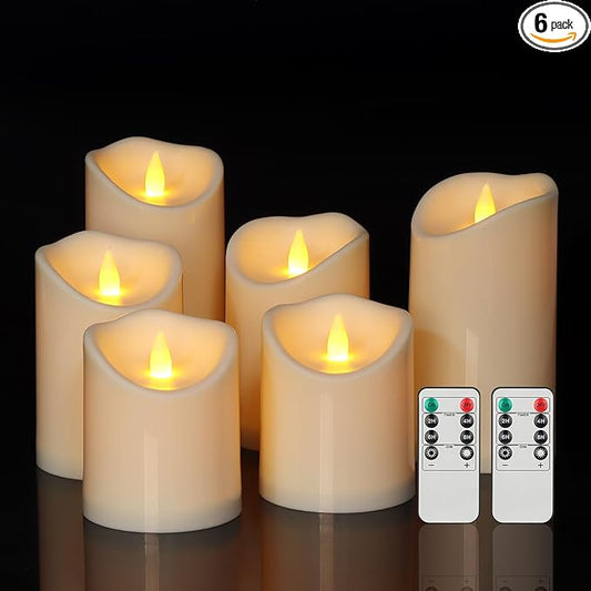 Outdoor Indoor Flameless Candles, Patented 3D Dual-LED, Set of 6 Slanted Top Durable Plastic Pillars with 2 Remotes & Timer, Non-Melting Waterproof Battery Candles for Patio Garden (Ivory)