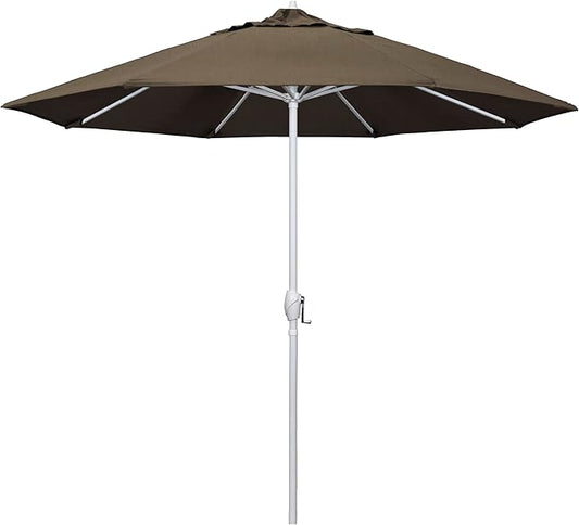 California Umbrella 12-Year Protection 9' Rd Aluminum Patio Umbrella, Crank Lift, Auto Tilt, White Finish, Sunbrella Taupe