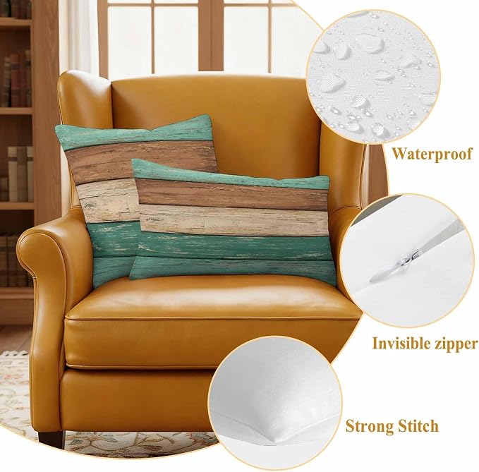 Farmhouse Teal Brown Outdoor Waterproof Pillow Covers, Vintage Wooden Striped Decorative Square Throw Pillowcase Sofa Cushion Sham for Patio/Couch/Chair, 20"x20" 2 Pack