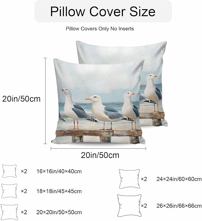 Coastal Seagull Waterproof Outdoor Pillow Covers Set of 2 Home Decor, Summer Beach Ocean Bird Watercolor Pillowcase Patio Pillow Covers for Couch Bench Furniture Garden 26x26in