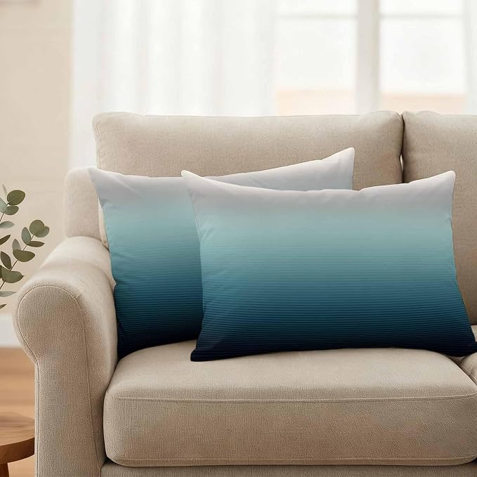 Waterproof Pillow Covers Set of 2,Black Teal and Gray Color Ombre Outdoor Pillow Protectors with Zipper Pillowcases for Patio Tent Garden Beach 20x12 Inches Modern Abstract Stripe Art