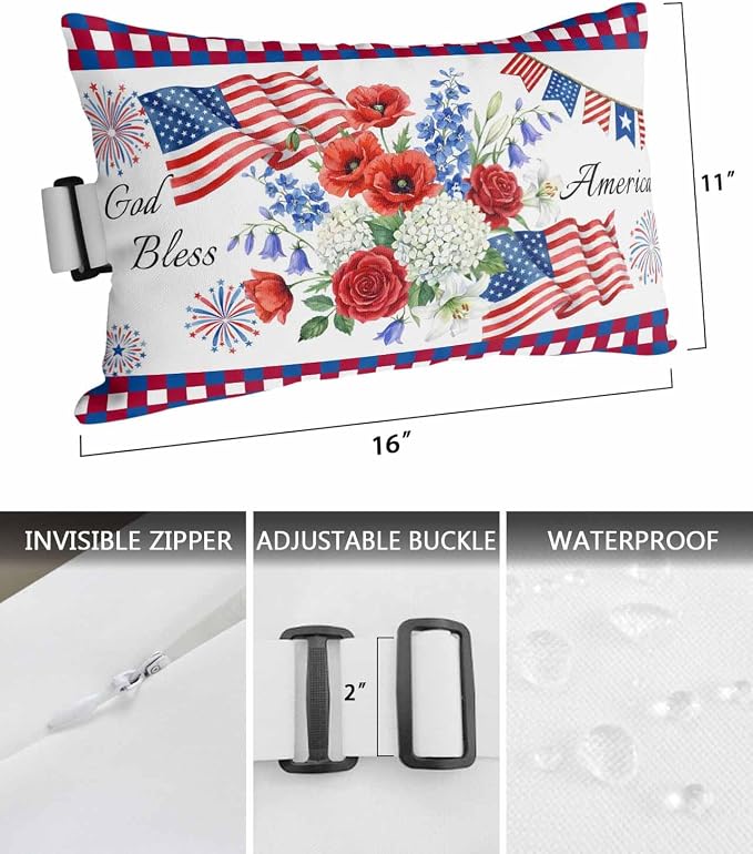 250th Anniversary Floral Outdoor Pillows for Chaise Lounge Chair Headrest Pillow Set of 2 Waterproof Lumbar Pillows with Insert&Adjustable Elastic Strap Red Blue Stars 4th of July Neck Pillow 11"x16"