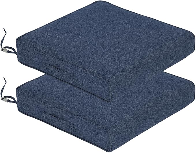 Aoodor Patio Chair Cushions Set of 2, 21 x 21 x 4 Inch Water Resistant Outdoor Seat Cushions with Handle and Ties, Square Corner Cushions for Patio Furniture Garden Lawn, Navy Blue