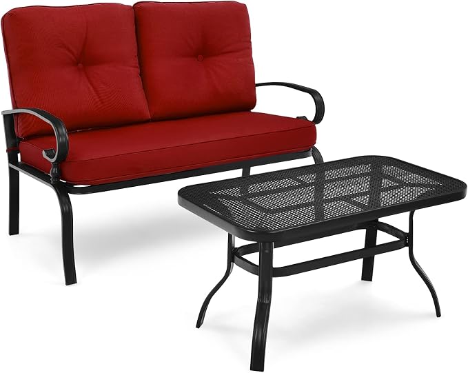 RELAX4LIFE Patio Loveseat with Coffee Table - 2-Piece Patio Conversation Sofa Set w/Backrest & Cushions, Modern Outdoor Glider Bench for Garden, Backyard, Poolside, Metal Porch Furniture (Red)