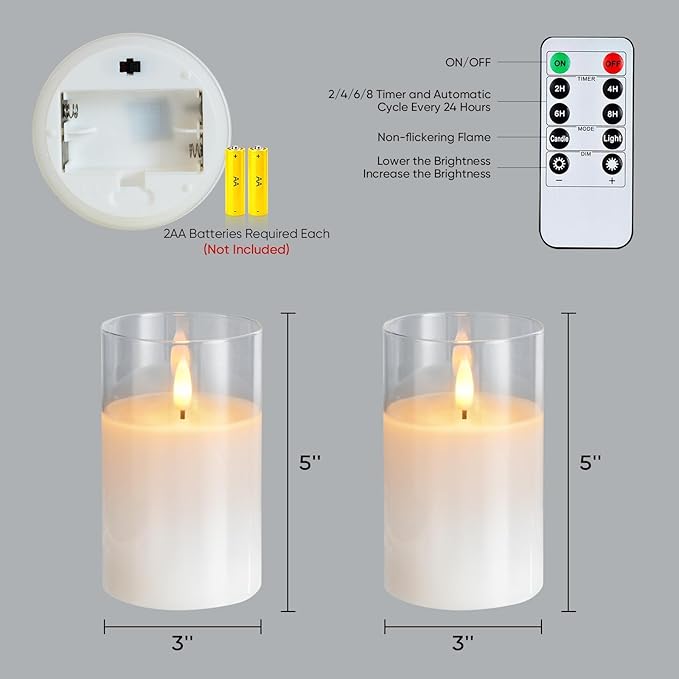 Amagic 3"x5" Clear Glass Flameless Candles Battery Operated with Timer, Remote Control, LED Pillar Candles, Battery Powered, Valentine's Day Decor, Pure White Wax, Set of 2