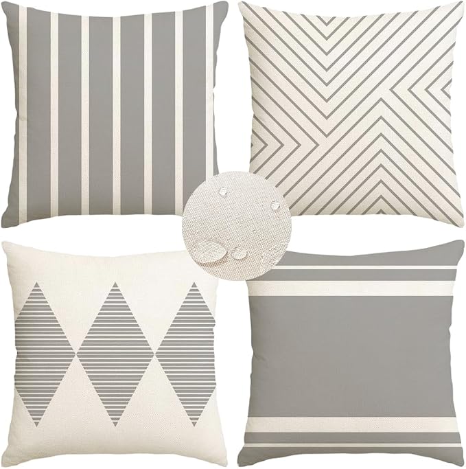 Outdoor Pillows Covers 20x20 Waterproof,Grey and Beige Set of 4(No Insert) | for Covered Patio Furniture Couch Sunbrella,No Insert Just Covers,Fit 20x20 inch Inserts or Smaller,Durable Polyester,Boho