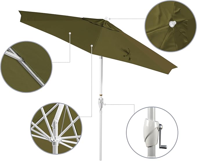 California Umbrella 12-Year Protection 9' Rd Aluminum Patio Umbrella, Crank Lift, Auto Tilt, White Finish, Sunbrella Cilantro