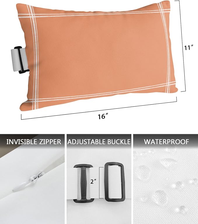Outdoor Pillows Covers with Inserts Orange Red Waterproof Recliner Pillow with Adjustable Strap Throw Pillows for Patio Furniture Pool Lounge Chair, 11x16 inch, 1PCS