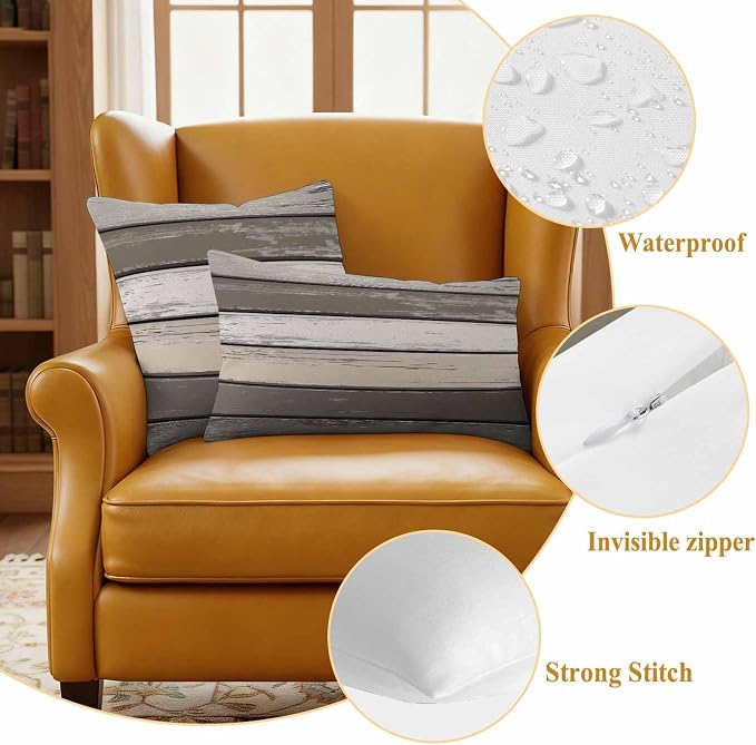 Retro Dark Grey Stripe Outdoor Waterproof Throw Pillow Covers Set of 2, 18"x18", Peeling Paint Effect Texture Decorative Pillow Covers Outside Cushion Case for Patio Porch Garden