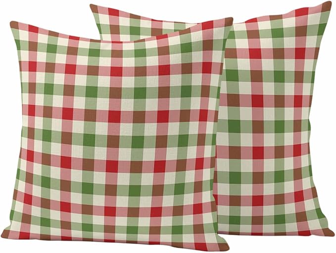 Outdoor Throw Pillow Covers,Vintage Pastoral Red Green Buffalo Gingham Waterproof Decorative Pillowcases Cushion Cover Christmas Plaid Pillow Cases for Patio Couch Sofa Bed,16x16in Set of 2