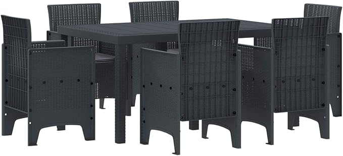 7-Piece Garden Dining Set Modern Anthracite Poly Rattan Patio Furniture Set with 6 Cushioned Chairs and Rectangular Table UV-Safe Matte Finish for Backyard Balcony Poolside