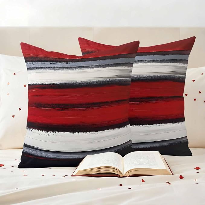 Red and Black Strip Outdoor Pillow Covers 26"x26" Set of 2, Classic Modern Art Waterproof Throw Pillow Covers for Patio Furniture, Decorative Cushion Covers for Porch