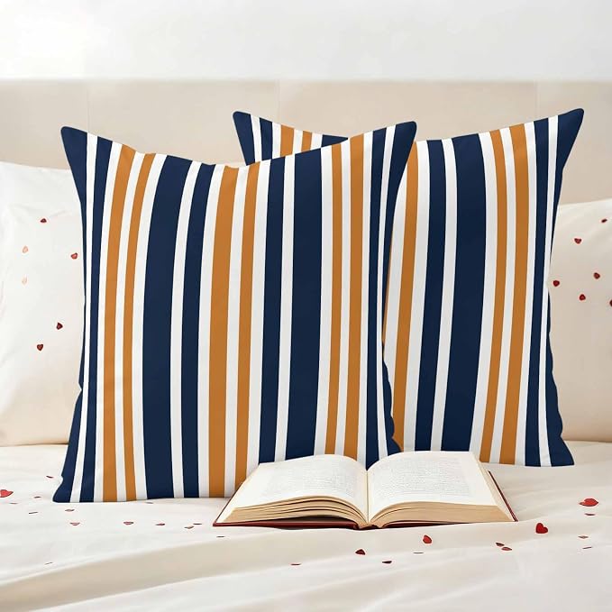 Waterproof Pillow Covers Set of 2,Orange Dark Blue Striped Outdoor Pillow Protectors with Zipper Pillowcases for Patio Tent Garden Beach 18x18 Inches Modern Minimalist Art