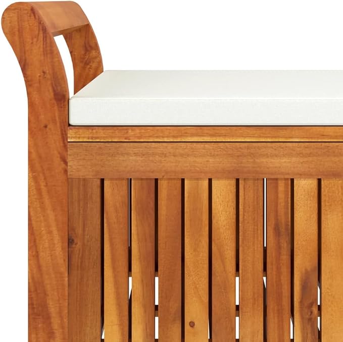 Wooden Outdoor Patio Storage Bench Large Deck Box with White Cream Cushion, Entryway Storage Bench, Solid Wood Acacia Storage Box Deck Box with Seat, 49.6"x19.7"x23.6"