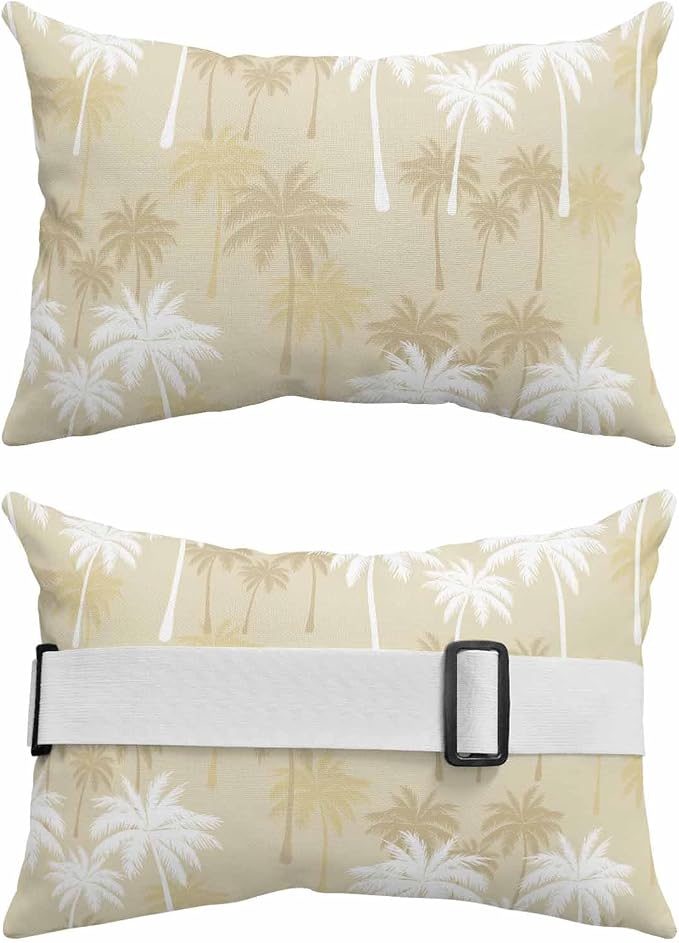 Tropical Palm Tree Outdoor Pillows for Chaise Lounge Chair Beach Headrest Pillow Set of 2 Waterproof Lumbar Pillows with Insert&Strap Beige White Plants Coastal Leaf Beach Pool Pillow 12"x20"