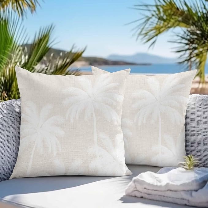 Outdoor Pillow Covers 18x18 Inch Set of 2, Cream Palm Trees Waterproof Throw Pillow Covers, Farmhouse Tropical Summer Beach Decorative Cushion Pillowcases for Couch, Sofa, Bed, Garden, Patio
