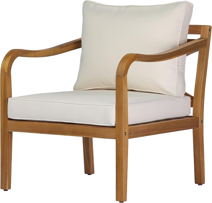 Merax Outdoor Acacia Wood Armchair Set of 2 with Elegant Cross Back Design, Deep Seating Patio Lounge Chairs with Removable Soft Cushions for Porch, Garden, Backyard, Balcony, Teak & Beige