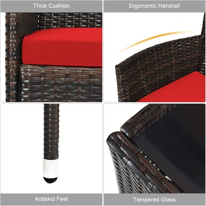 8 Pieces Patio Sofa Set, Wicker Conversation Set with Ergonomic Curved Backrest, Water-Resistant Cushion & Tempered Glass Table for Balcony, Porch (Red)