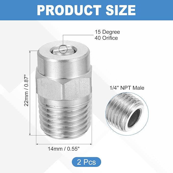uxcell 2Pcs Pressure Washer Nozzle, Stainless Steel Thread Nozzles Tips, Universal Replacement for Undercarriage Cleaner Water Broom, 1/4 Inch NPT Male, 15 Degree 040 Orifice