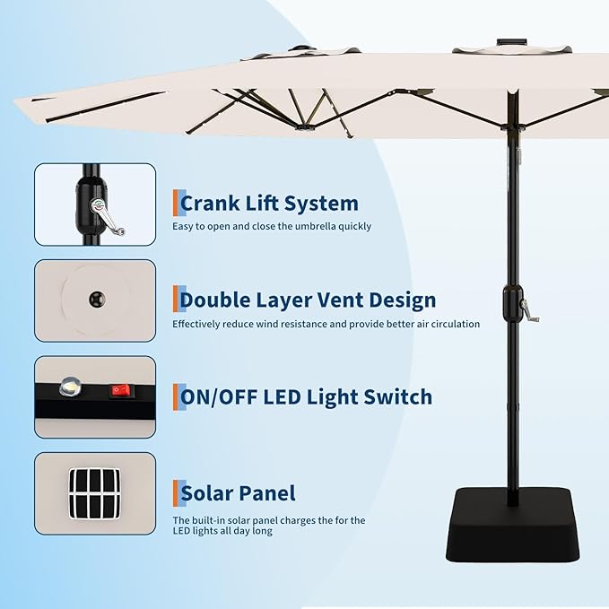 15FT Extra Large Double-Sided Patio Umbrella with Solar LED Lights – Heavy-Duty Rectangular Outdoor Market Umbrella, Fade-Resistant UV Canopy, Included Base for Backyard, Pool, Deck, Garden – Beige/Mist Blue