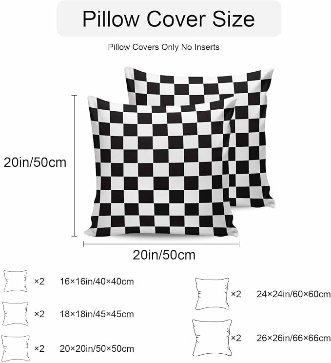 Throw Pillow Covers 18x18 Inch Set of 2, Simple Black White Checkered Waterproof Outdoor Cushion Covers, Lattice Buffalo Plaid Decorative Pillowcases for Couch, Sofa, Bed, Garden, Patio