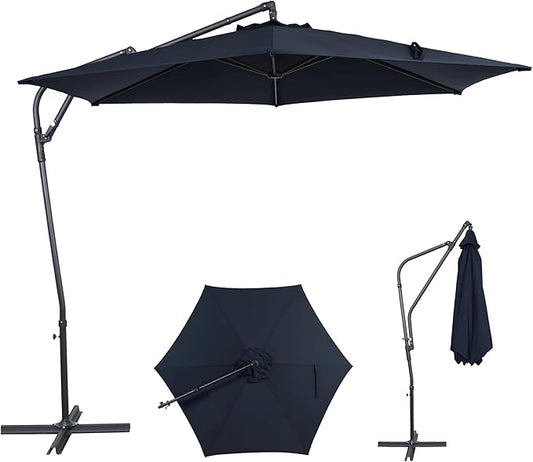 10FT Offset Patio Umbrella, Cantilever Hanging Umbrella with Infinite Tilt, Fade-Resistant Water-Repellent Canopy & Cross Base for Yard, Garden & Deck