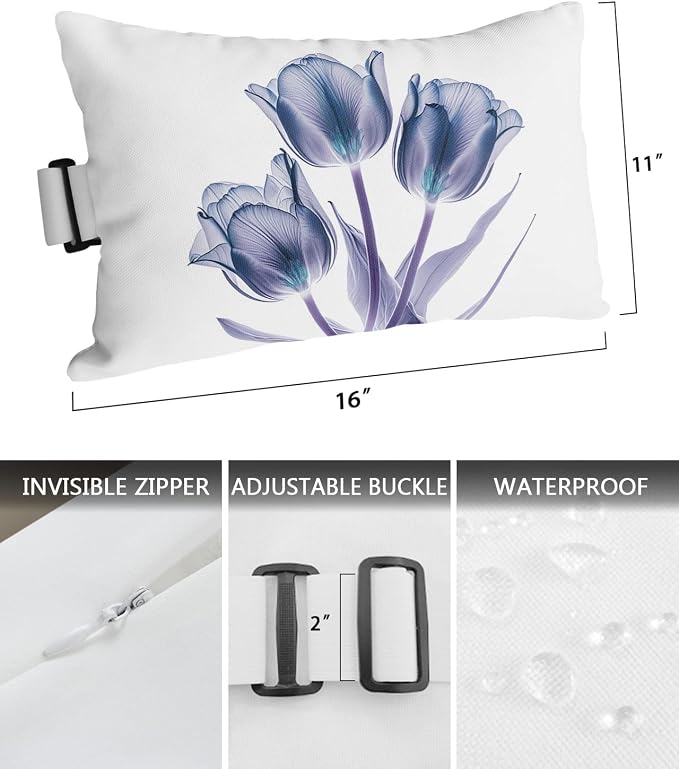 Outdoor Pillows Covers with Inserts Abstract Transparent Flower Tulip Blue Purple Waterproof Recliner Pillow with Adjustable Strap Throw Pillows for Patio Furniture Pool Lounge Chair, 11x16 inch, 1PCS