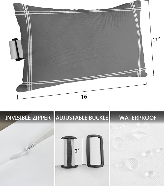 Outdoor Pillows Covers with Inserts Solid Color Dark Gray Waterproof Recliner Pillow with Adjustable Strap Throw Pillows for Patio Furniture Pool Lounge Chair, 11x16 inch, 1PCS