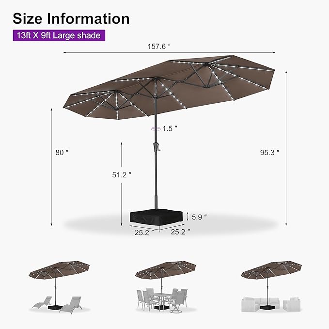 PURPLE LEAF 13ft Double-Sided Patio Umbrella with Solar Lights Outdoor Market Umbrella with Base and Crank Handle Table Umbrella for Backyard Pool Garden Deck, Taupe