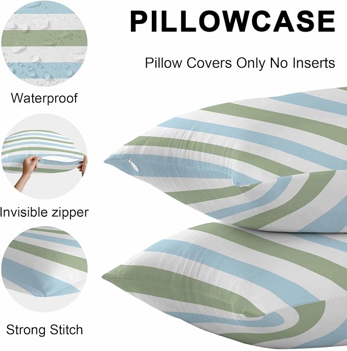 Sage Green Blue Striped Outdoor Pillow Covers 20x12 Inch Lumbar Pillow Covers Set of 2 Waterproof Decorative Throw Pillow Cases Farmhouse Sage Green Stripes Cushion Covers for Patio Furniture Garden