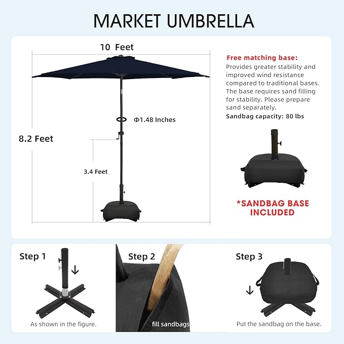 wikiwiki 10FT Patio Umbrella with Base, Outdoor Umbrellas with Base Included, 8 Sturdy Ribs, Waterproof Fade Resistant POLYESTER DTY Canopy for Deck, Lawn, Garden, Backyard & Pool, Navy