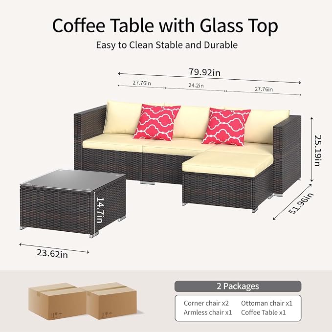 Aiho Patio Furniture Set All Weather Outdoor Sectional Patio Sofa Set with Tempered Coffee Table, for Backyard Porch, Beige